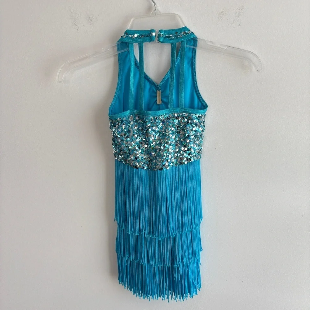 Weissman Showtime Dance Costume 10425 Size SC Blue Fringe Sequins Skating Tap